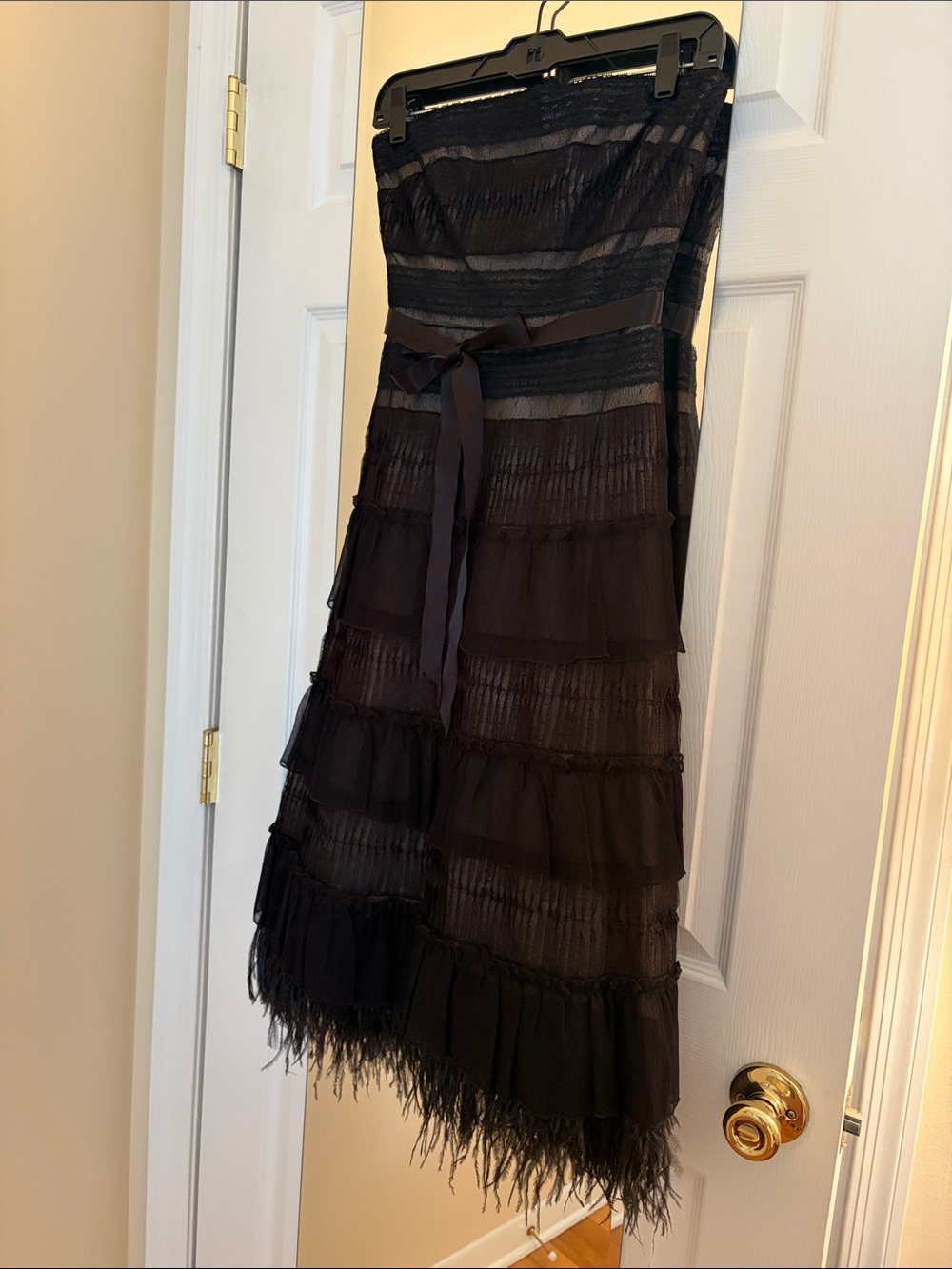 BCBGMaxAzria Black Strapless Tiered Ruffle Dress with Ribbon Waist